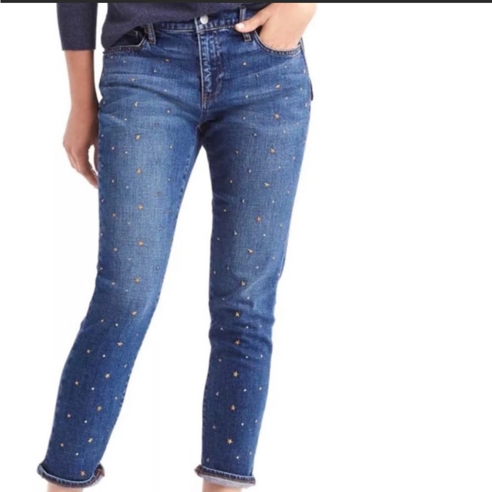 Gap boyfriend cut jeans 31 gold & silver star-studded cropped indigo denim